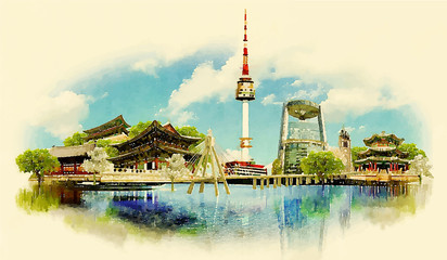 vector watercolor SEOUL city illustration