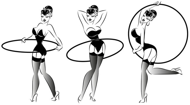 Pop Art, Pin-up fitness girl with hula hoop