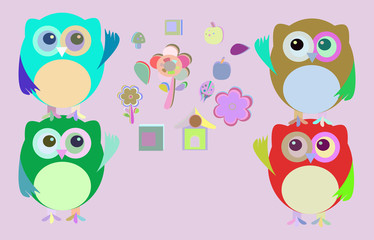sweet owls and flowers mosaic vector