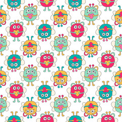 Obraz premium Doodle monsters. Seamless pattern with cute colorful monsters. Vector hand drawn doodle monsters with hearts. Fun background for kids.