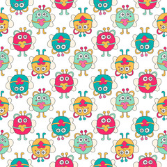 Doodle monsters. Seamless pattern with cute colorful monsters. Vector hand drawn doodle monsters with hearts. Fun background for kids.