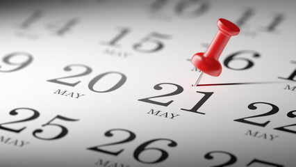May 21 written on a calendar to remind you an important appointm