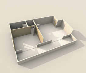 3d interior rendering of roofless apartment without furnishings and coloured walls