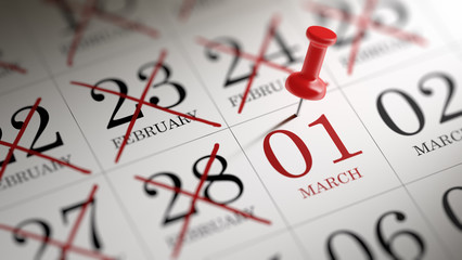 March 01 written on a calendar to remind you an important appoin