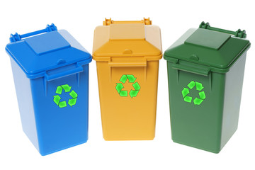 Dustbins / Dustbins in the colors blue, yellow and green isolated over a white background