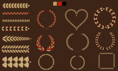 Set of Wreaths, branches, leaf with flat tricolor. Vector illustration.