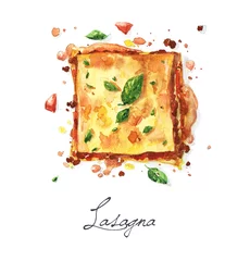 Deurstickers Aquarel Eten Schilderen - Lasagne © nataliahubbert