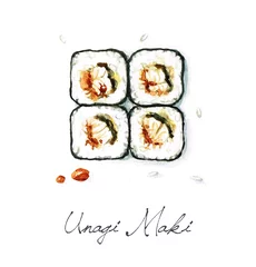 Foto op Canvas Watercolor Food Painting - Unagi Maki © nataliahubbert