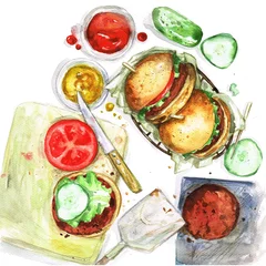 Foto op Canvas Watercolor Food Painting - Making burgers © nataliahubbert