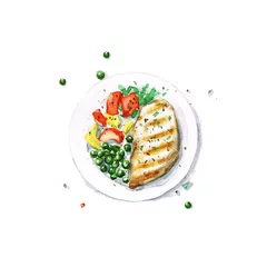 Foto op Plexiglas Aquarel Voedsel Schilderij - Kip Grill © nataliahubbert
