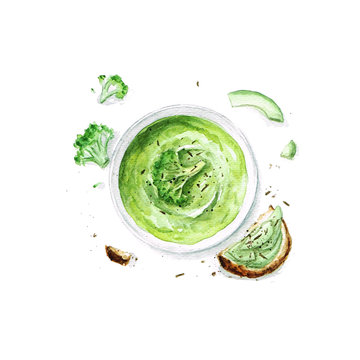 Watercolor Food Painting - Broccoli Soup