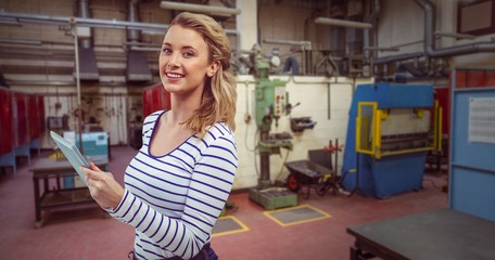 Composite image of pretty girl with tablet