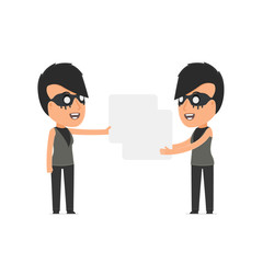 Funny Character Outsider Girl holds and interacts with blank for