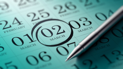 March 02 written on a calendar to remind you an important appoin