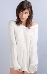 Cute Smiling Woman in Sweater Without Pants