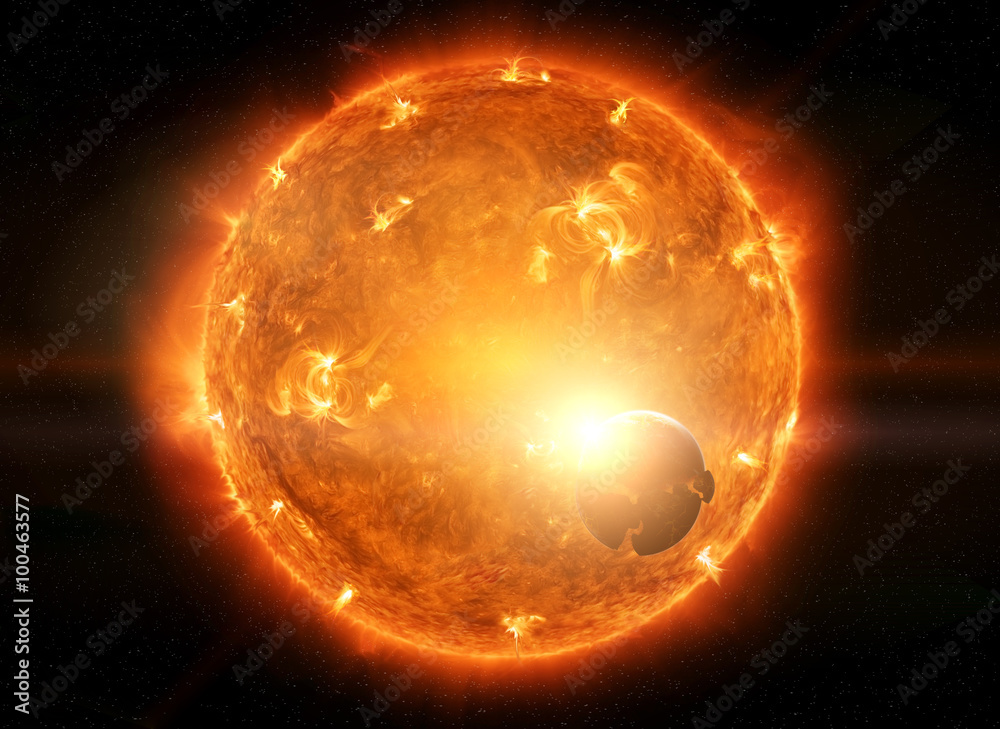 Wall mural exploding sun in space close to planet earth and moon