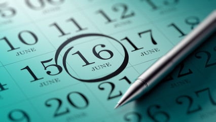 June 16 written on a calendar to remind you an important appoint