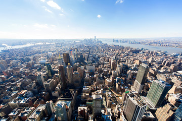Aerial panoramic view over lower Manhattan, New York from Empire State building top.
