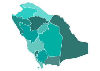 Saudi Arabia Political Map with Different Provinces borders in different shades of teal green. Editable clip art.
