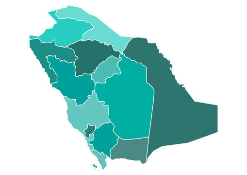 Saudi Arabia Political Map with Different Provinces borders in different shades of teal green. Editable clip art.
