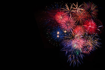 Amazing colorful festive bright celebration fireworks, salute with dazzling display in the night...