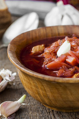 Soup with red beets. Russian traditional Borsch