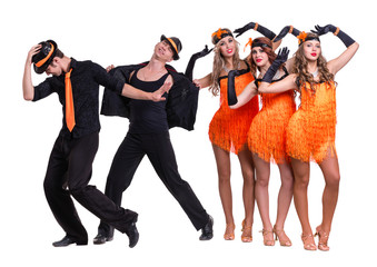 Cabaret dancer team dancing.  Isolated on white background in full length.