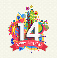 Happy birthday 14 year greeting card poster color - obrazy, fototapety, plakaty