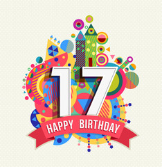 Happy birthday 17 year greeting card poster color - obrazy, fototapety, plakaty