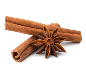 cinnamon stick and star anise spice isolated on white background