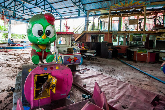 Derelict fair ground ride at Yangon abandoned amusement park