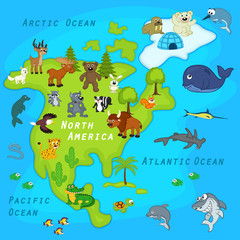 Fototapeta na wymiar map of the North America with animals - vector illustration, eps