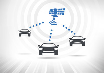 Connected Cars. Concept with intelligent cars connected via satellite. Cars in front view. Fully scalable vector illustration.