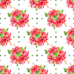 Seamless pattern with red watercolor Hibiscus flowers.