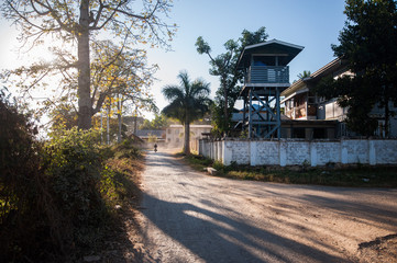 View walking along the banks of Nam Pilu at sunrise, Loikaw