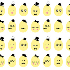 Easter eggs seamless pattern. Cute easter eggs with cute faces, fashion glasses, mustache, bow-tie, hat, tobacco pipe, eyes, lashes, lips, crown on white background. Happy Easter card illustration.