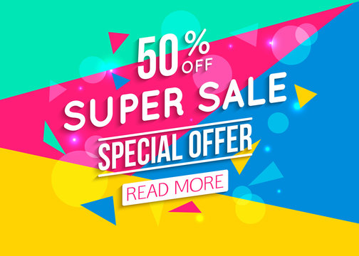 Super Sale shining banner on colorful background. Geometric design. Super Sale and special offer. 50% off.