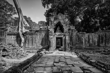 Black and white view of Pra Khan doorway at Angkor wat, Cambodia