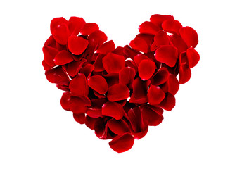 Red Heart Roses Petals / A heart made of red rose petals against white background