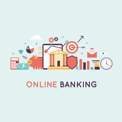 On-line banking, on-line payment time is money statistics and finance. Banner. Flat design vector illustration.