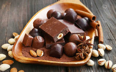 Chocolate pralines assortment with nuts