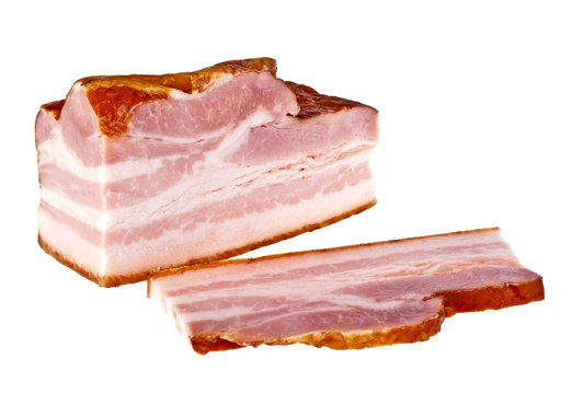 Bacon and sliced bacon on a white background
