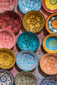 Traditional ceramic Moroccan bowls for sale in the souk in Marrakesh