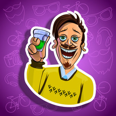Vector illustration of cheerful hipster holding a glass