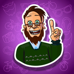 Vector illustration of cheerful hipster with his index finger up