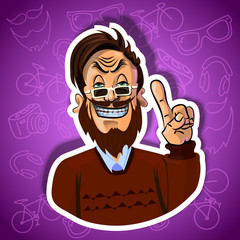 Vector illustration of smiling hipster with his index finger up