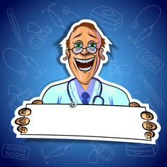 Vector illustration of cheerful doctor with blank poster