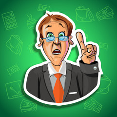 Vector image of astonished office worker holding his index finge