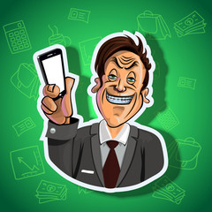 Vector image of smiling office worker holding mobile phone