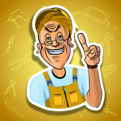 Vector image of smiling workman with his index finger up